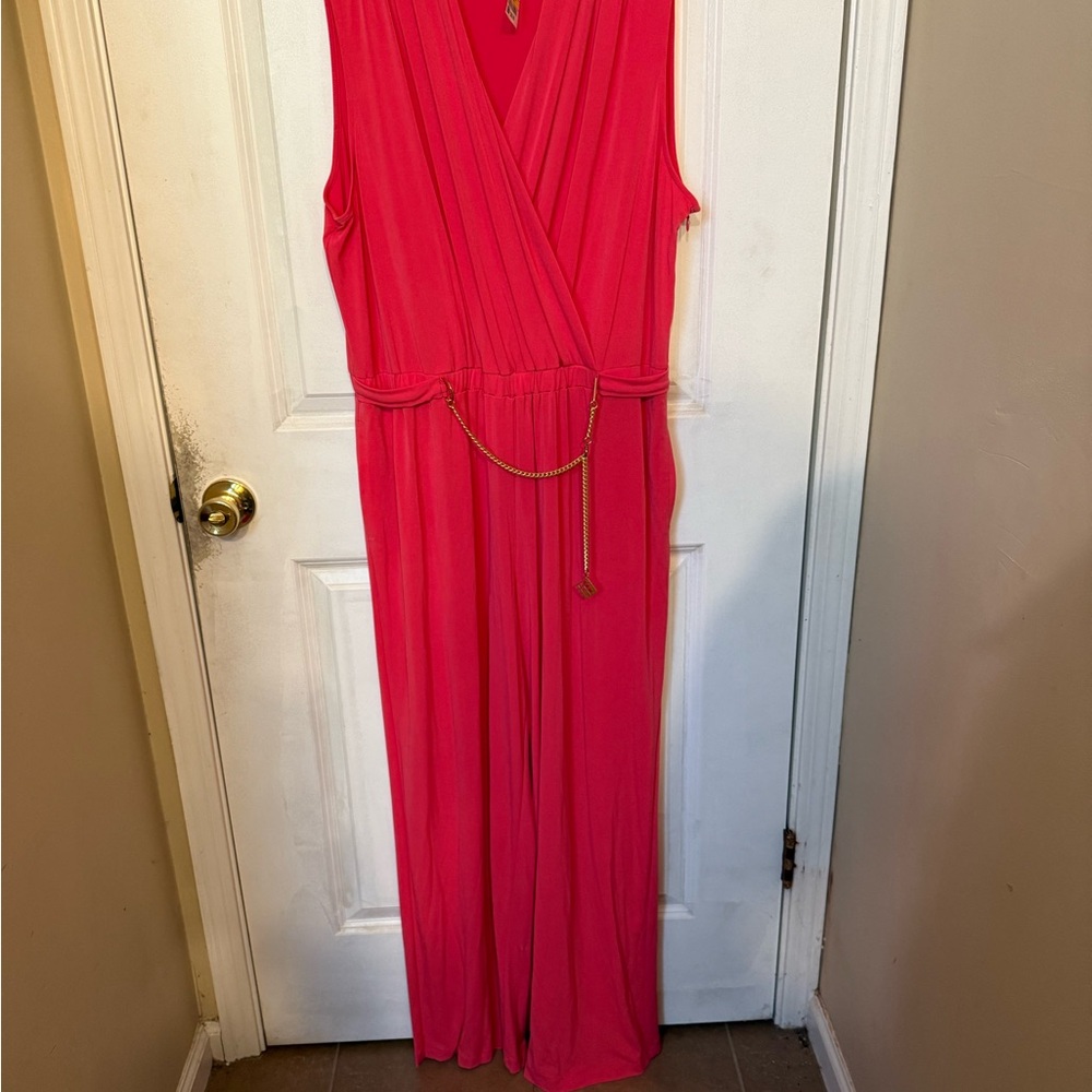 Vibrant Pink Sleeveless Jumpsuit with Gold Chain